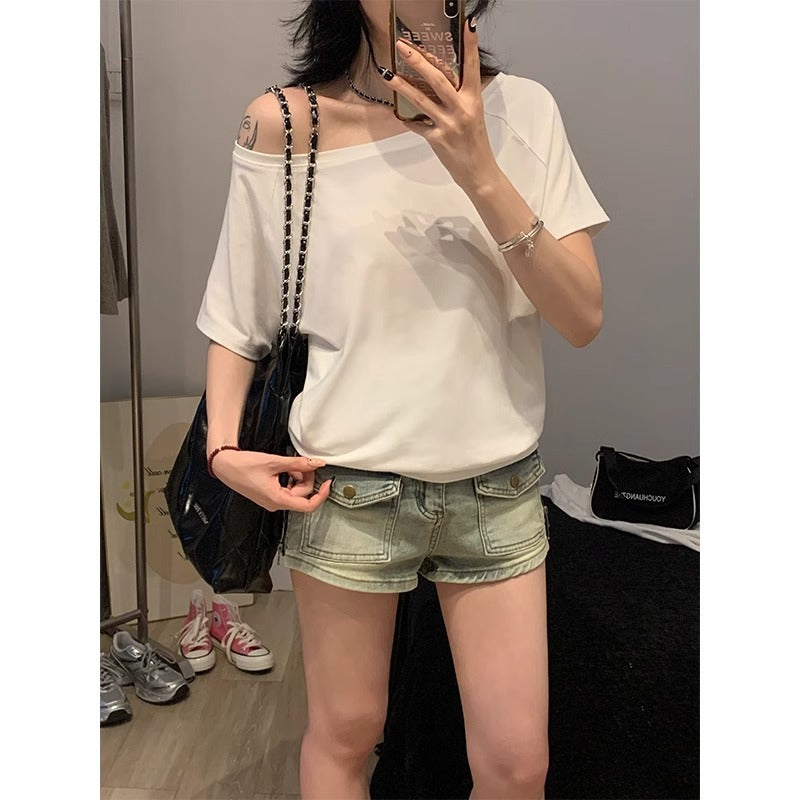 Women's Off-the-Shoulder Loose Solid Color Short-Sleeve T-Shirt