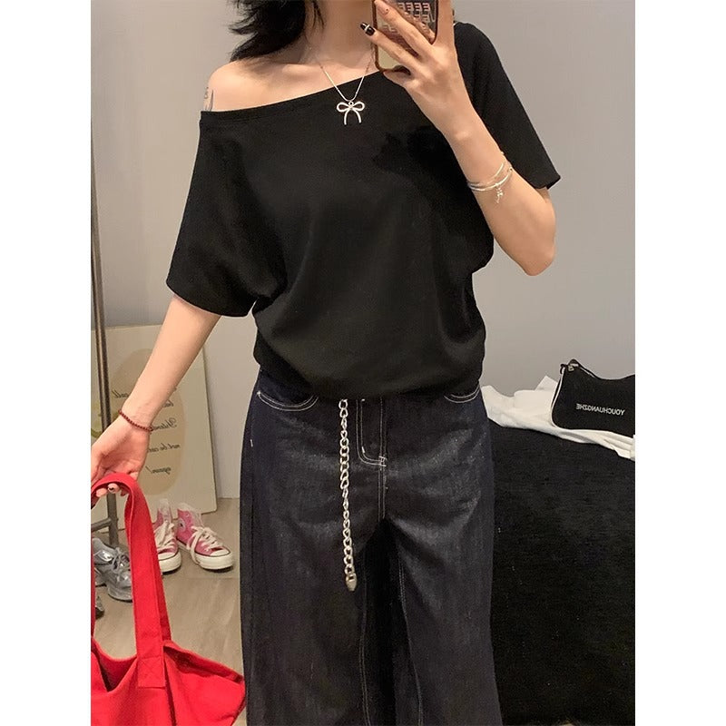 Women's Off-the-Shoulder Loose Solid Color Short-Sleeve T-Shirt