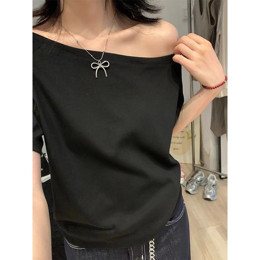 Women's Off-the-Shoulder Loose Solid Color Short-Sleeve T-Shirt